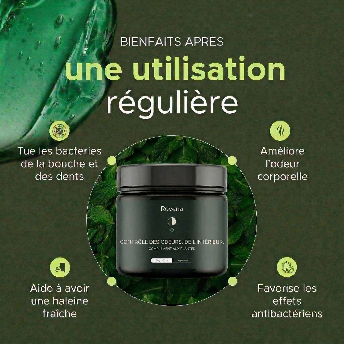 Complément alimentaire à base de gel aux plantes contre la mauvaise haleine par Rovena
