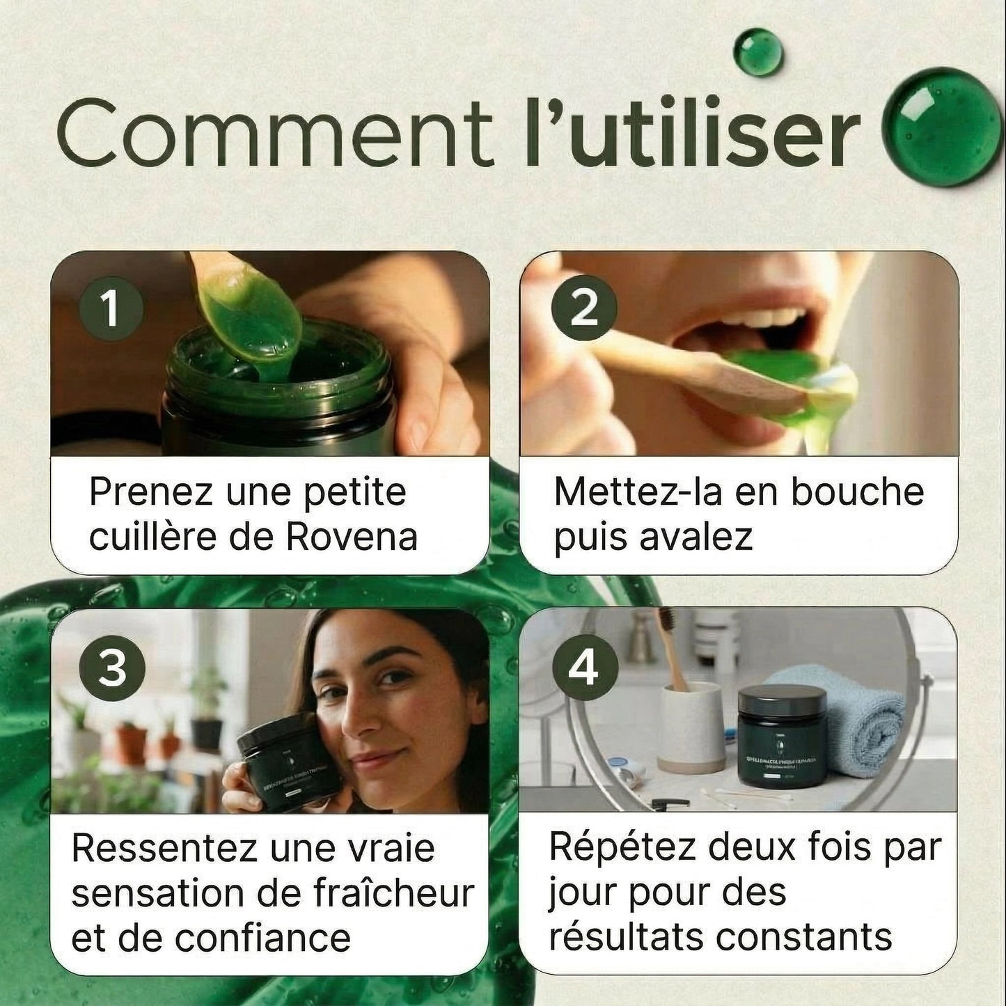 Complément alimentaire à base de gel aux plantes contre la mauvaise haleine par Rovena