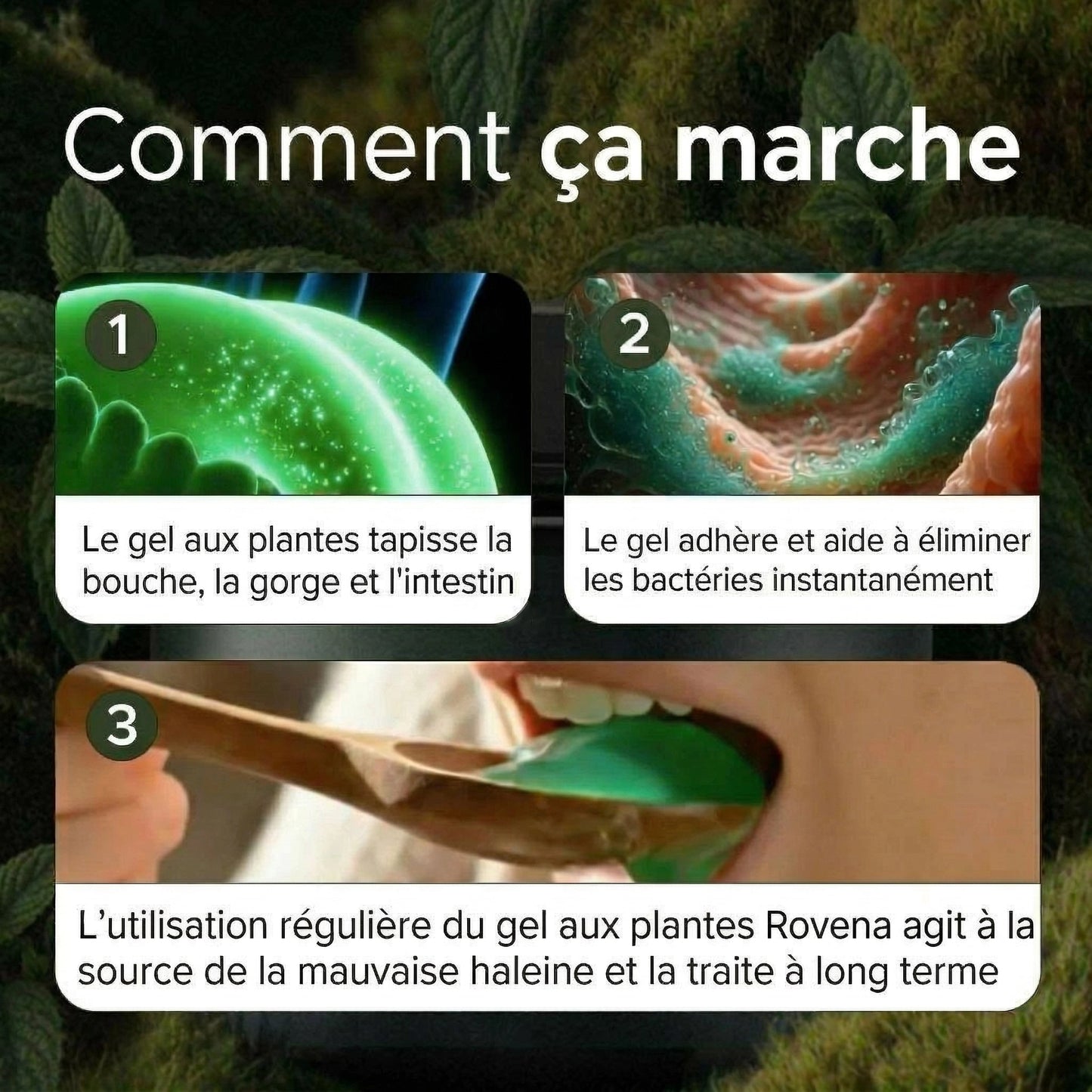 Complément alimentaire à base de gel aux plantes contre la mauvaise haleine par Rovena